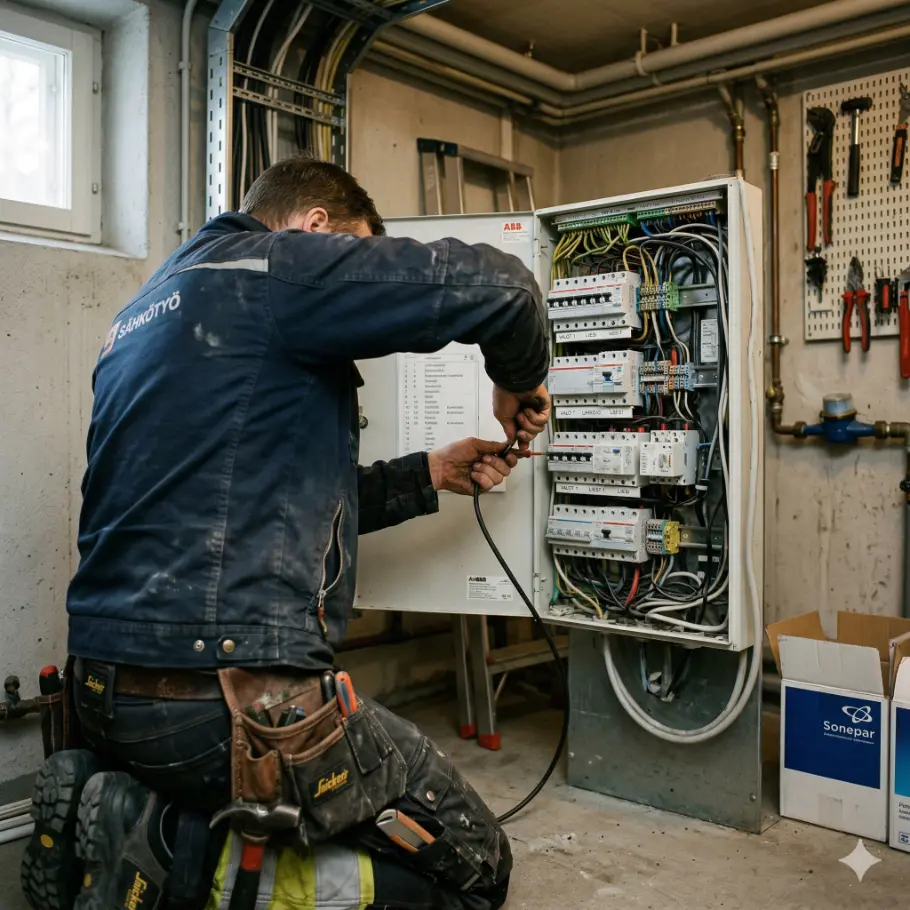 sähköasentaja Hämeenlinnassa tekemässä sähkökeskuksen asennusta
